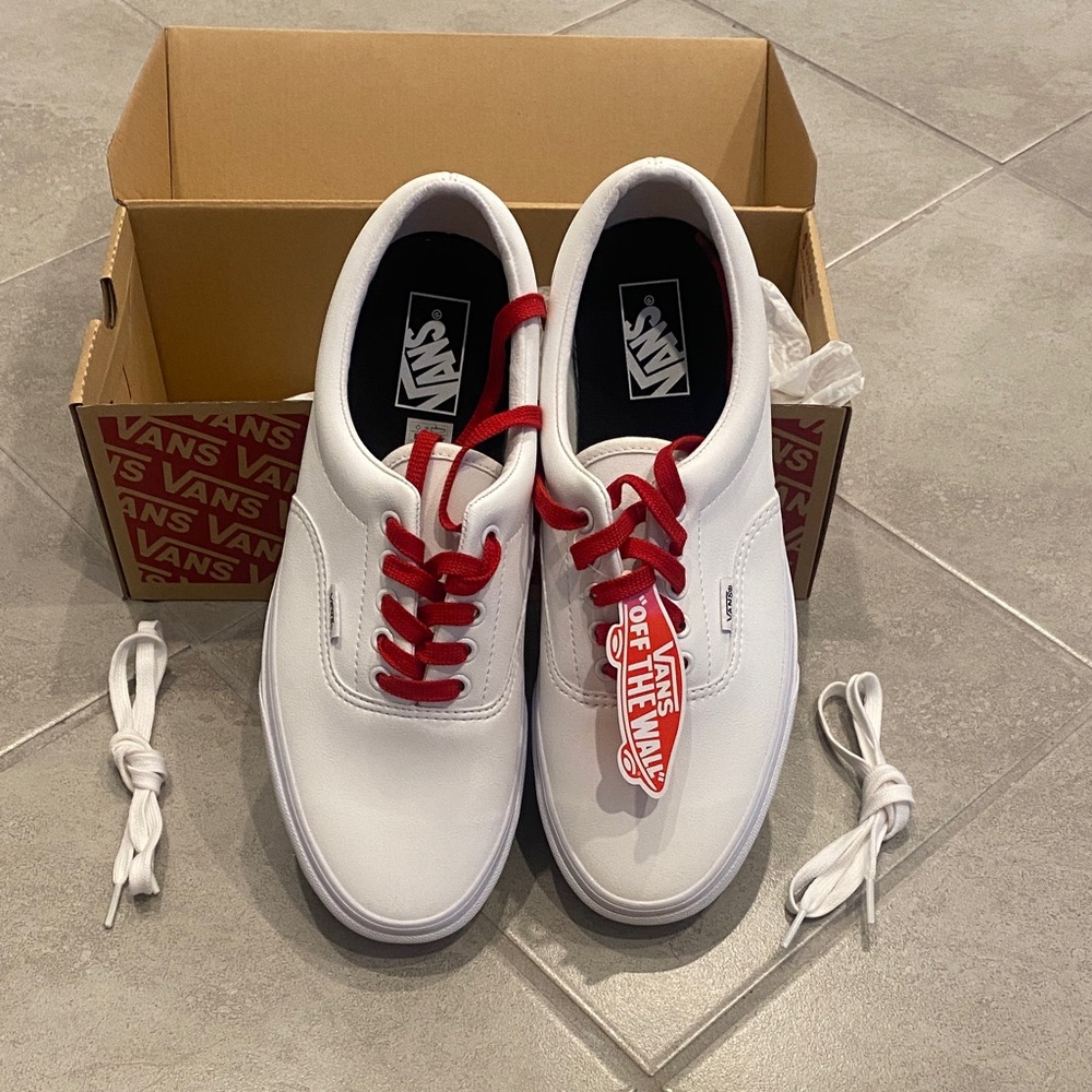 Vans White leather (classic tumble) Sneakers with Red Laces and Tag
